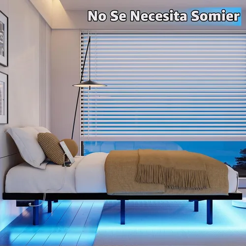 Vista 6 de Base de cama flotante de tamaño individual con luces LED y estación de carga, cama moderna de plataforma de metal, resistente, fácil montaje,