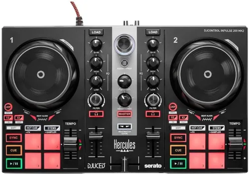 Vista 2 de Kit de aprendizaje DJ Hercules MK II que incluye el controlador DJ Inpulse 200 MK II, auriculares HD45 y altavoces DJ Monitor 32