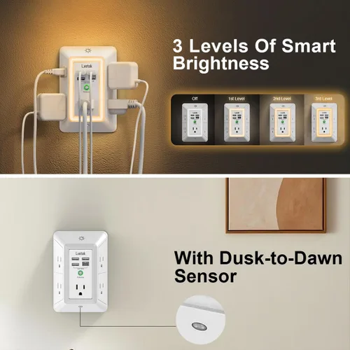 Vista 19 de Extensor de tomacorriente, protector de sobretensiones con 5 enchufes múltiples y 4 puertos USB (2 USB C), cargador de pared de regleta