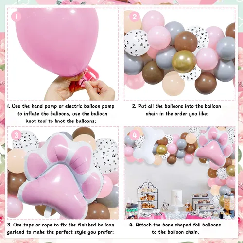 Vista 3 de Decoraciones de fiesta de perro, guirnalda de globos de pata de perro rosa, kit de arco de guirnalda de globos de fiesta de perro con pata de perro