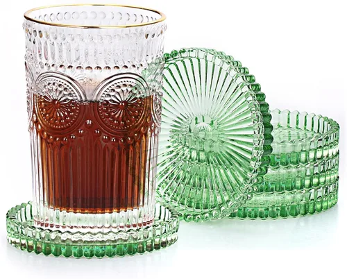 Vista 15 de JUXYES Juego de 5 posavasos de cristal tono ámbar redondos, tapetes para tazas de vidrio, posavasos para bebidas, café, té, vino, posavasos