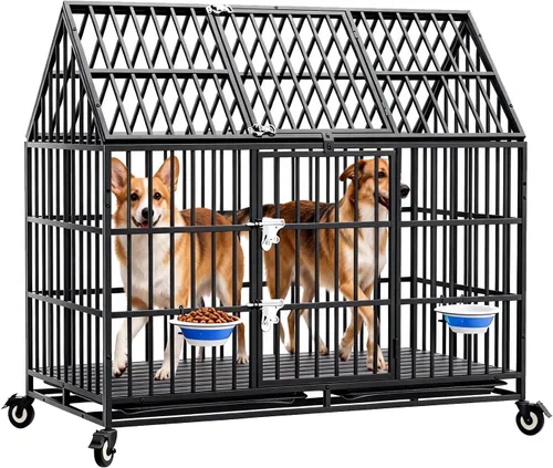 Vista 9 de Jaula para perros resistente de 44 pulgadas con ruedas, perrera indestructible a prueba de escapes con pestillo de bloqueo y puerta doble, jaula