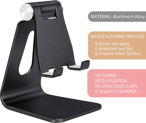 Vista 3 de Soporte plegable negro para teléfono celular de aleación de aluminio, soporte de teléfono de metal de mesa con ángulo ajustable por eje giratorio