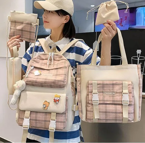 Vista 6 de Aobiono Juego de 5 mochilas a cuadros kawaii, estética, a cuadros, con alfileres, oso, colgante, luz escolar, kit de suministros escolares
