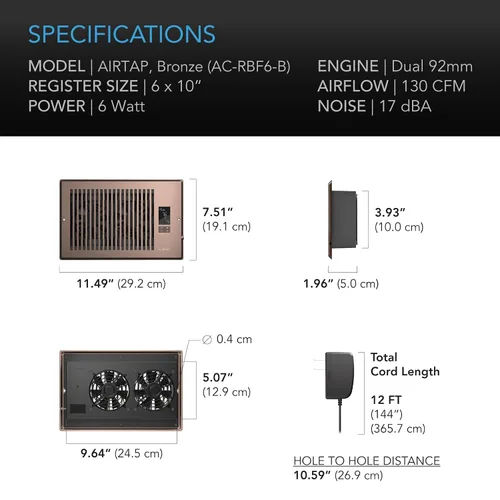Vista 6 de AC Infinity AIRTAP T6 Bronce, ventilador auxiliar para rejillas de 15 x 25 cm, mejora las rejillas de calefacción y refrigeración, silencioso con 10