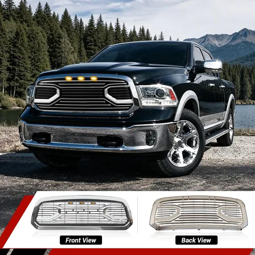 Vista 6 de Rejilla delantera compatible con RAM 1500 Big Horn Style 2013 2014 2015 2016 2017 2018, rejilla de repuesto con letras y luces LED, cromada
