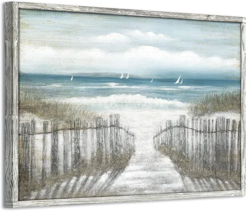 Vista 12 de Lienzo decorativo para pared, camino de playa: camino de arena con pintura de valla a la costa, impresiones artísticas para baño