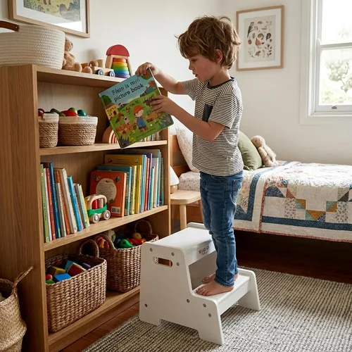 Vista 13 de Taburete de madera barnizado para niños – Taburete infantil de 2 pasos con asas, madera contrachapada de abedul, base antipunta y esquinas