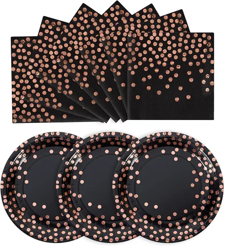 Vista 16 de Platos de papel negro y dorado, paquete de 50 unidades, 25 platos de papel de 7 pulgadas y 25 servilletas de 6.5 pulgadas, platos negros