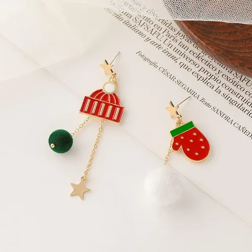 Vista 3 de SEVENSTONE Juego de 4 pares de aretes de Navidad asimétricos dorados, árbol de nieve, muñeco de nieve, sombrero de mariposa, festival, cabeza
