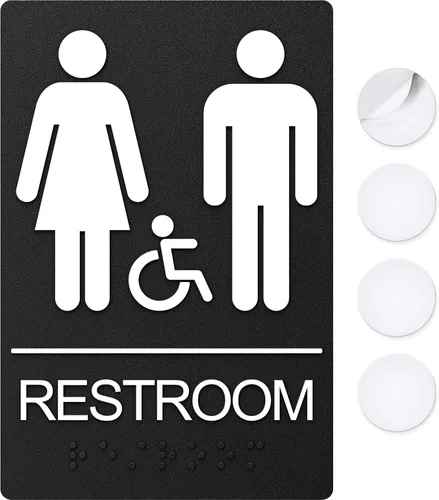 Vista 11 de Letreros de baño, letrero de baño para negocios, para hombres y mujeres, 9 x 6 pulgadas, cumple con la ADA con Braille, adhesivos fuertes de doble
