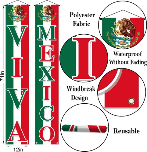 Vista 2 de Vohado Viva México - Cartel colgante para puerta delantera, decoración del Día de la Independencia mexicana, 16 de septiembre, suministros