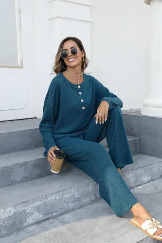 Vista 5 de Conjunto de 2 piezas para mujer, sudadera de gran tamaño con botones y pantalones de descanso a juego