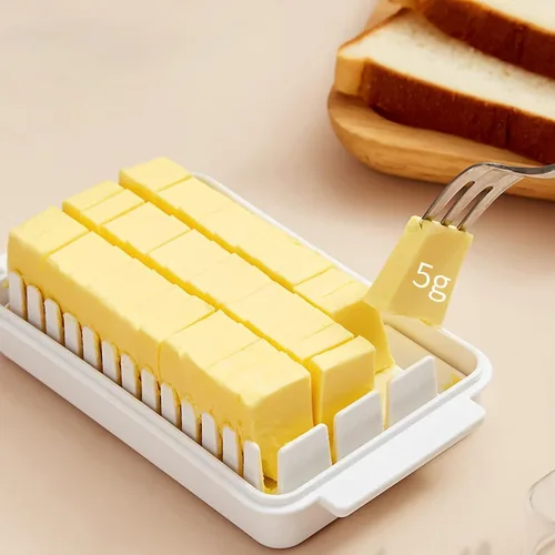 Vista 2 de Mantequillera con tapa, recipiente de mantequilla transparente para refrigerador y encimera, caja de corte de mantequilla, bandeja de mantequilla