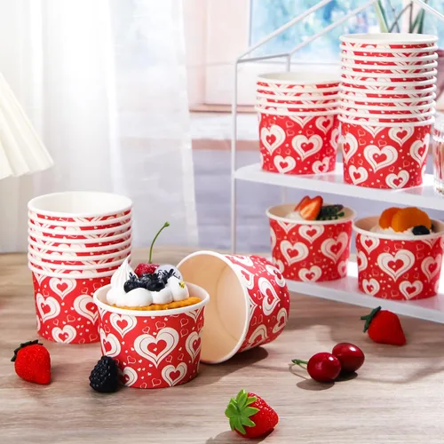 Vista 2 de Shellwei Paquete de 50 tazas de helado de 9 onzas para el día de San Valentín, cuencos de postre desechables con corazón, cuencos de papel