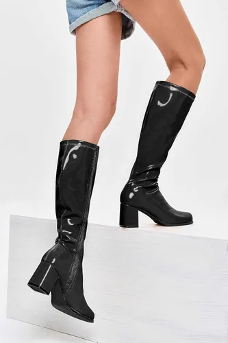 Vista 4 de Coutgo Botas altas Gogo para mujer, punta cuadrada, tacón grueso, charol y cremallera sobre la rodilla