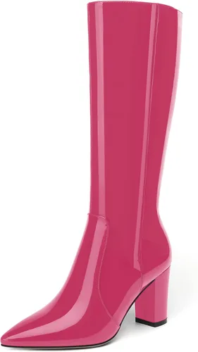 Vista 134 de AMBELIGHT Botas altas hasta la rodilla con cremallera y puntera puntiaguda para mujer, de patente sólida, tacón alto, 3.3 pulgadas