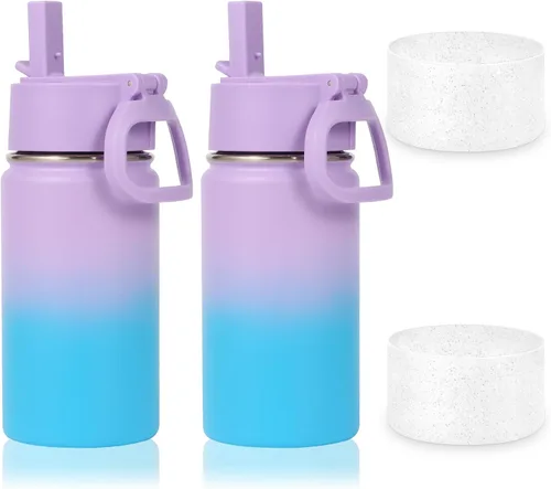 Vista 13 de Volhoply Botella de agua de acero inoxidable aislada de 14 onzas con tapa de pajita y funda de silicona, sin BPA, fácil de usar para niños y niñas