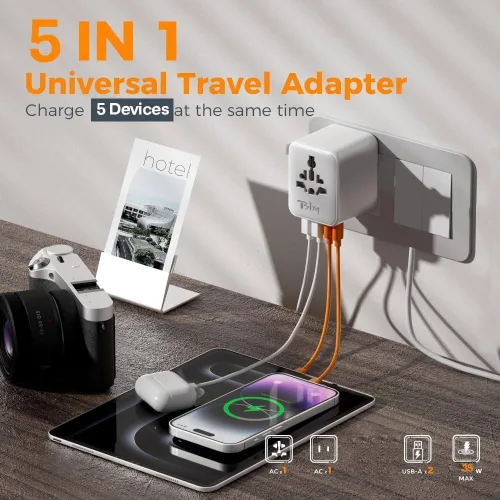 Vista 3 de TSIM Adaptador de viaje universal 35W 10A 2 USB-A, 2 puertos USB-C de carga rápida PD 3.2 todo en uno adaptador de corriente internacional enchufe