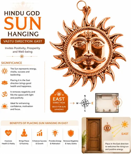 Vista 4 de Decoración de pared de sol de cobre, colgante de pared y colgante de puerta grabada para uso en templos en el hogar, Surya Dev East Direction