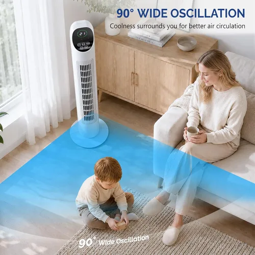 Vista 4 de ROVSUN Ventilador de torre sin aspas de 34 pulgadas con pantalla digital y control remoto, refrigeración turbo con 3 velocidades, temporizador de 9