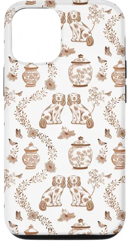Vista 27 de Funda para iPhone XS Max Preppy Marrón y Blanco Toile Chinoiserie Perros y Jengibre