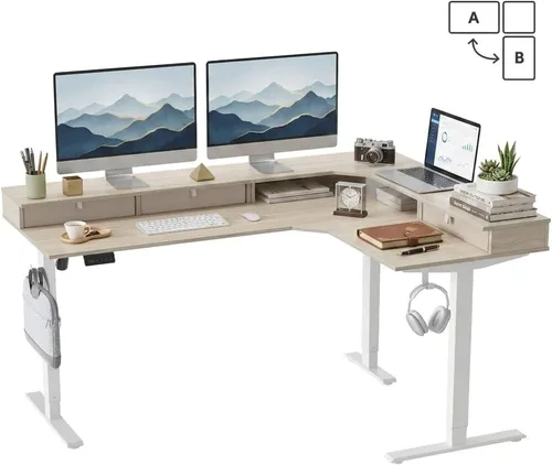 Vista 10 de CubiCubi Escritorio de pie en forma de L de 63 x 48 pulgadas con 3 cajones y estante para monitor, escritorio esquinero de altura ajustable