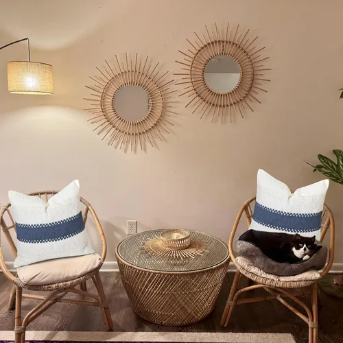 Vista 3 de 1 funda de almohada para sala de estar, algodón y arpillera, estilo bohemio decorativo para el hogar (beige y azul, 16 x 16 pulgadas)