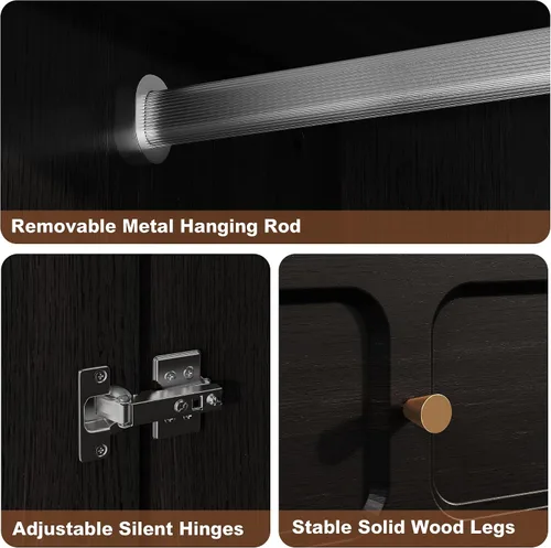Vista 5 de HLR Armario moderno de mediados de siglo de 71 pulgadas con puertas y cajones, armario de almacenamiento de madera con barra para colgar para Negro