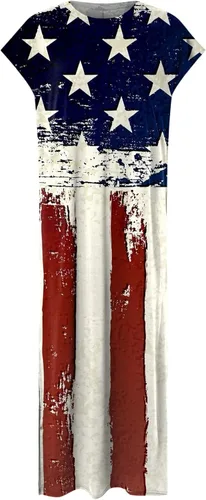 Vista 5 de PeQAQ Women's Summer Maxi Dress American Flag Dresses Batwing Sleeve Crewneck T Shirt Dress for Women 4th of July Dresses