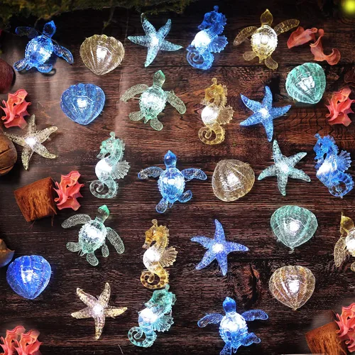Vista 2 de Guirnalda de luces con temática oceánica, decoración náutica para interiores, funciona con USB o baterías, 10 pies, 30 luces LED de caballito