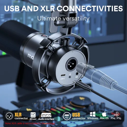 Vista 5 de MAONO Micrófono condensador profesional USB PM421 con silencio de un toque, control de ganancia, con micrófono dinámico XLR/USB PD200X para podcast