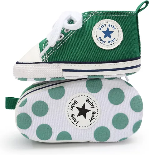 Vista 4 de KIDSUN - Zapatos deportivos unisex de caña alta para bebés, mezclilla de lona, suela antideslizante, suaves, para los primeros pasos