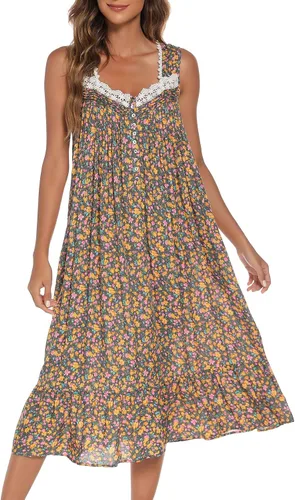 Vista 21 de AVIIER Camisones de algodón para mujer, sin mangas, vestido de casa largo con bolsillos, S-XXL Flor negra