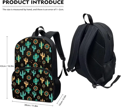 Vista 6 de Parprinty Novedosa mochila para niños y niñas, cómoda mochila acolchada ligera de 17 pulgadas, bonita mochila escolar, Cactus azteca tribal D