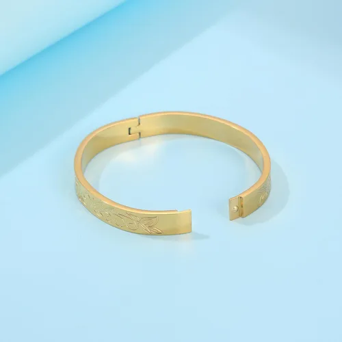 Vista 4 de Pulsera de acero inoxidable para mujer con flor de la vida grabada en oro, Acero inoxidable, No es una piedra preciosa