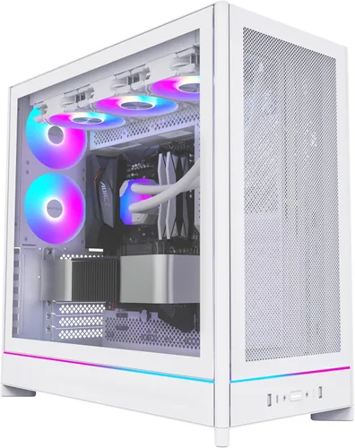 Vista 17 de Caja de PC Montech Serie HS ATX de torre media, PC para juegos, alto flujo de aire, diseño reversible, panel frontal curvo robusto de vidrio