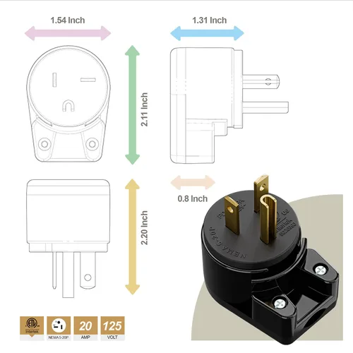 Vista 3 de Enchufe de CA macho de 3 clavijas de EE. UU., ángulo recto, ETL Nema 5-20P, 3 polos rewirable, 20A 125V USA 3Pin Conector de CA, enchufe giratorio