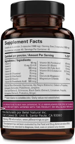 Vista 2 de Betel Natural Cápsulas inmunitarias fuertes de apoyo inmunológico con equinácea, vitaminas y minerales, 1000 mg por porción