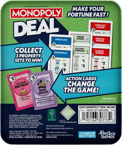 Vista 2 de Juego de cartas Monopoly Deal en lata de almacenamiento coleccionable, a partir de 8 años, 2 a 5 jugadores, 15 minutos, divertidos juegos familiares
