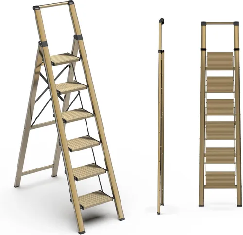 Vista 7 de SOLADDER Escalera plegable de 3 escalones, taburete pequeño para adultos, escalera de hierro antideslizante portátil con pedales anchos para uso