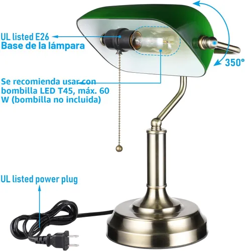 Vista 6 de TORCHSTAR Lámpara de escritorio de cristal verde con cadena de tracción, base E26 Base de acabado de latón, lámpara tradicional antigua para sala