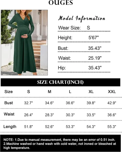 Vista 5 de OUGES Vestido largo de manga larga con cuello en V para mujer, con bolsillos, ropa de maternidad, vestidos de lactancia