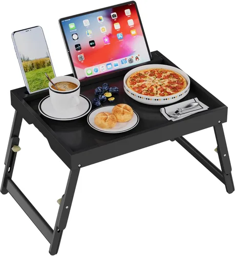 Vista 15 de Artmeer Bandeja de cama con patas plegables, bandeja de bambú para desayuno con ranura multimedia, uso como plato, escritorio para laptop