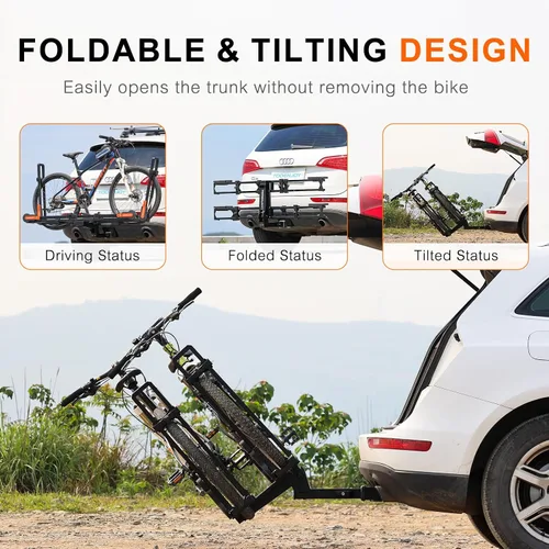 Vista 6 de TOOENJOY Soporte de bicicleta plegable para enganche, plataforma de transporte de bicicletas resistente con brazos duales, se ajusta a receptor
