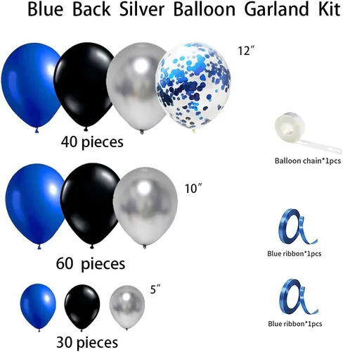 Vista 3 de Roya - Kit de arco de guirnalda de globos azules y negros, 124 globos de látex azul mate negro metálico plateado para videojuegos, fiestas, hombres
