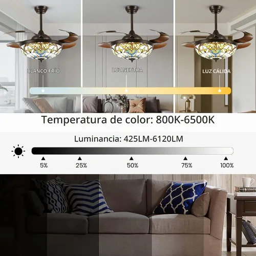 Vista 5 de Ventiladores de techo Tiffany de 42" con luces, ventilador de techo de vidrio manchado, ventilador de techo retráctil con candelabro y control