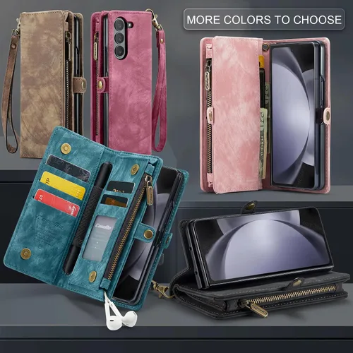 Vista 8 de Kowauri for Samsung Galaxy Z Fold 5 Case,Zipper Purse Magnetic Folio Leather Wallet Case with S Pen Holder Wrist Strap Card Holder Shockproof