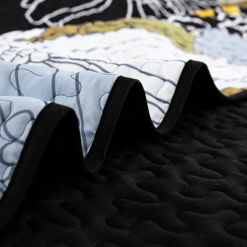 Vista 8 de Juego de colcha de 3 piezas con patrón floral amarillo, tamaño Queen, colcha negra ligera con 2 fundas de almohada para todas las estaciones, juego