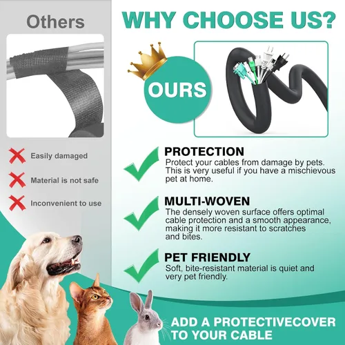 Vista 2 de UOMTFAI Protector de Cable para Perros y Gatos 3.05m - 1/2 pulgada, Funda Flexible para Cables para una Fácil Gestión de Cables, Protege los Cables